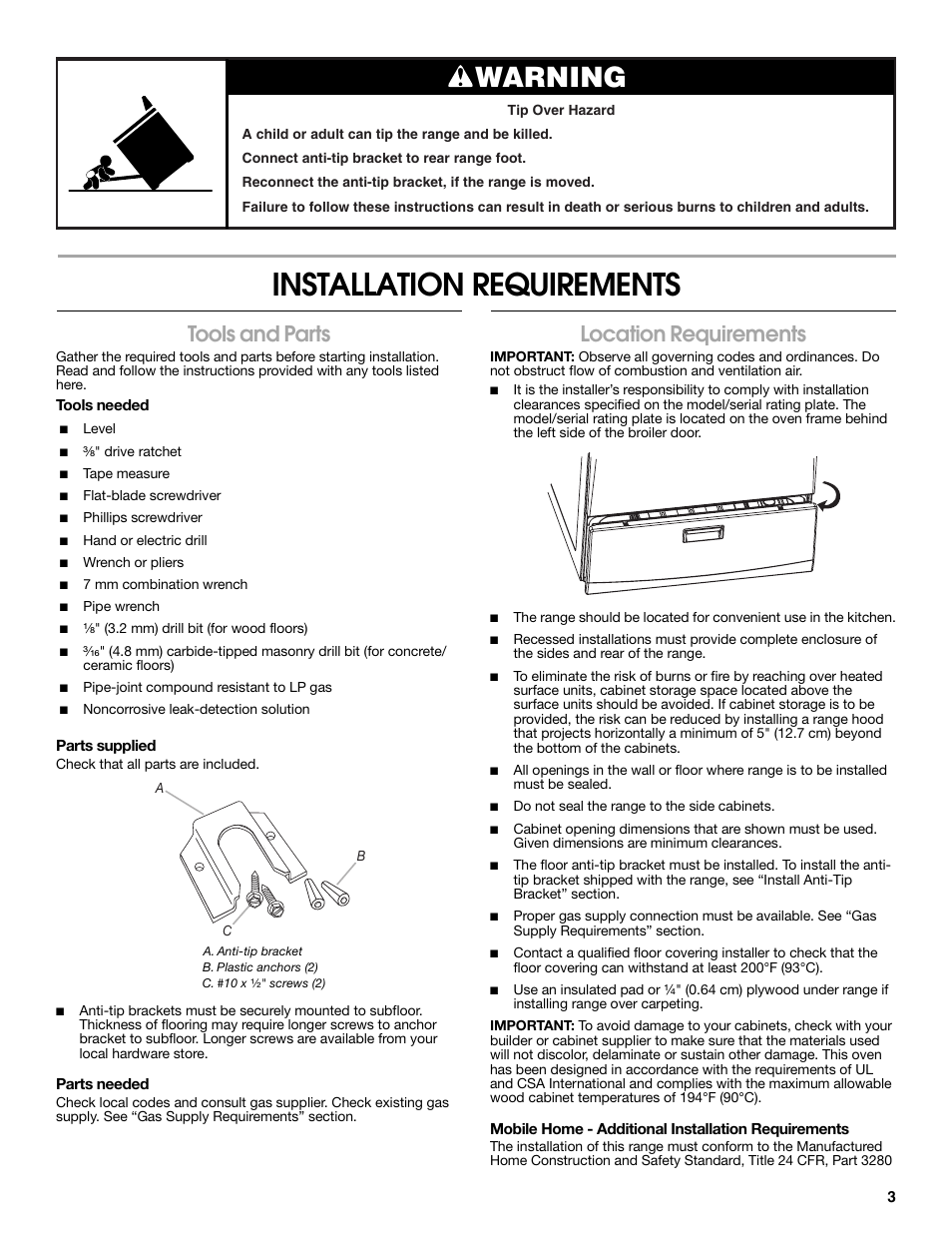 Installation requirements, Warning, Tools and parts | Location requirements | Estate W10121806C User Manual | Page 3 / 28