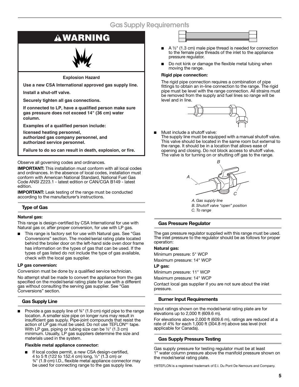 Warning, Gas supply requirements | Estate W10121806C User Manual | Page 5 / 28