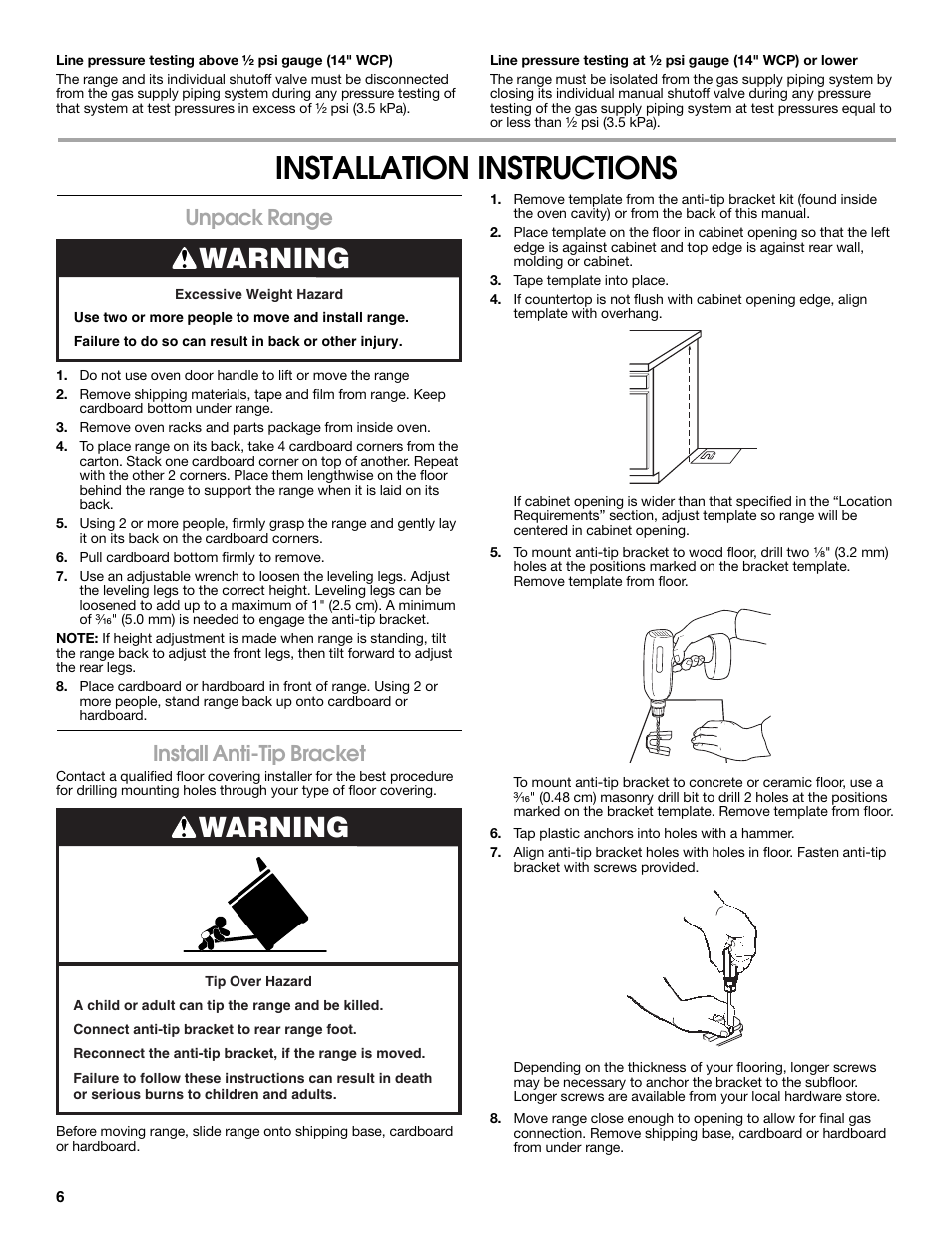 Installation instructions, Warning, Unpack range | Install anti-tip bracket | Estate W10121806C User Manual | Page 6 / 28