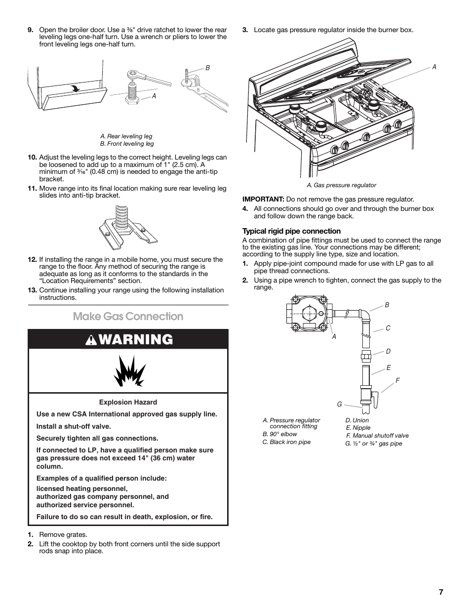 Warning, Make gas connection | Estate W10121806C User Manual | Page 7 / 28