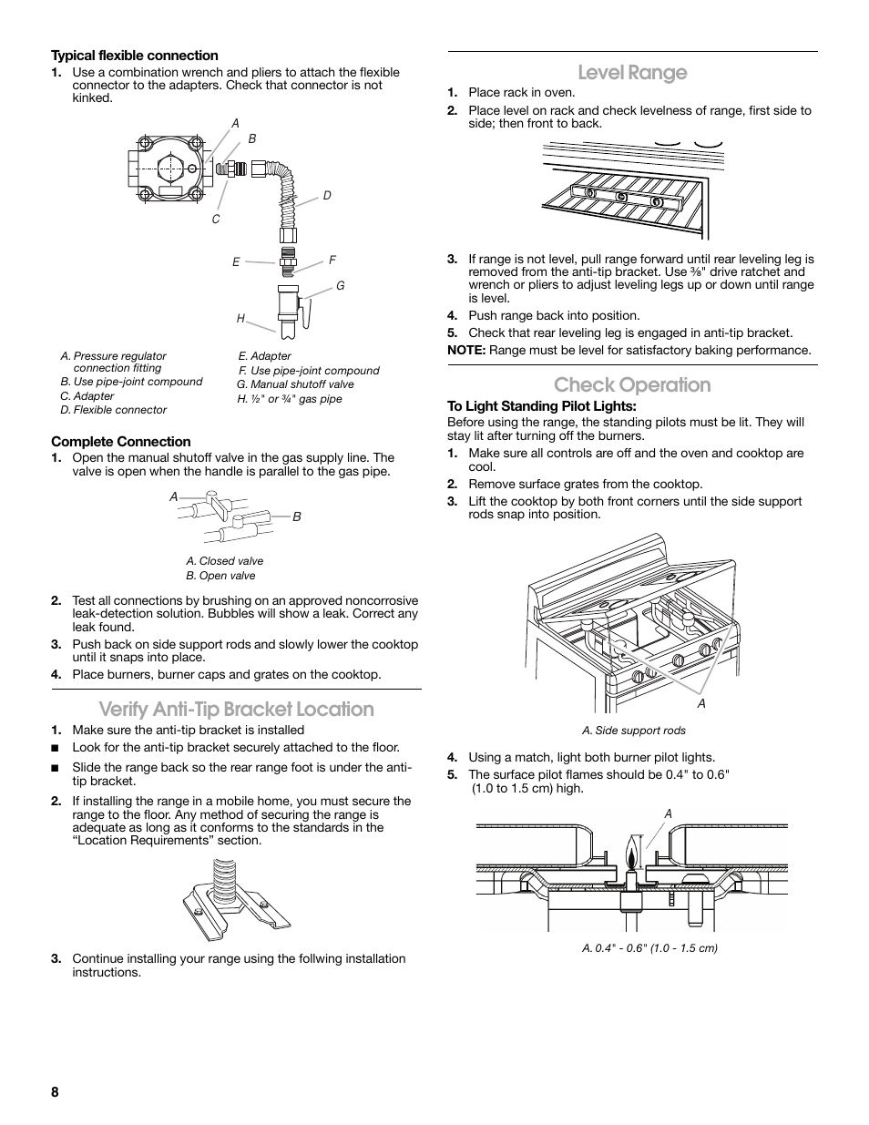 Verify anti-tip bracket location, Level range, Check operation | Estate W10121806C User Manual | Page 8 / 28