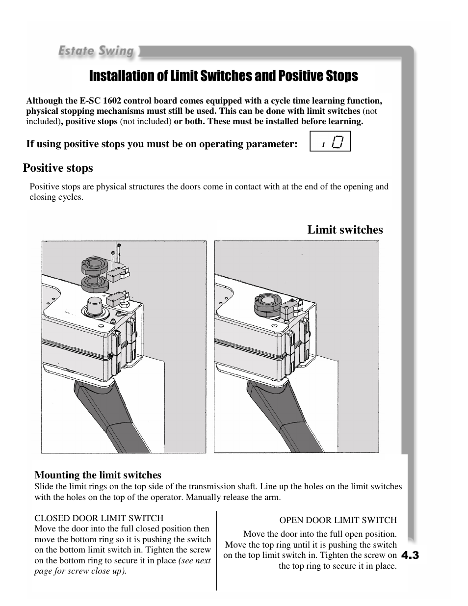 Installation of limit switches and positive stops, Positive stops, Limit switches | Estate Swing E-SC 1600 User Manual | Page 15 / 32