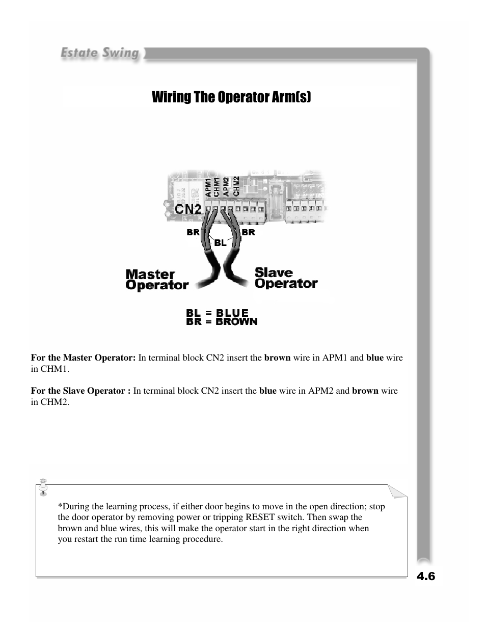 Wiring the operator arm(s) | Estate Swing E-SC 1600 User Manual | Page 18 / 32