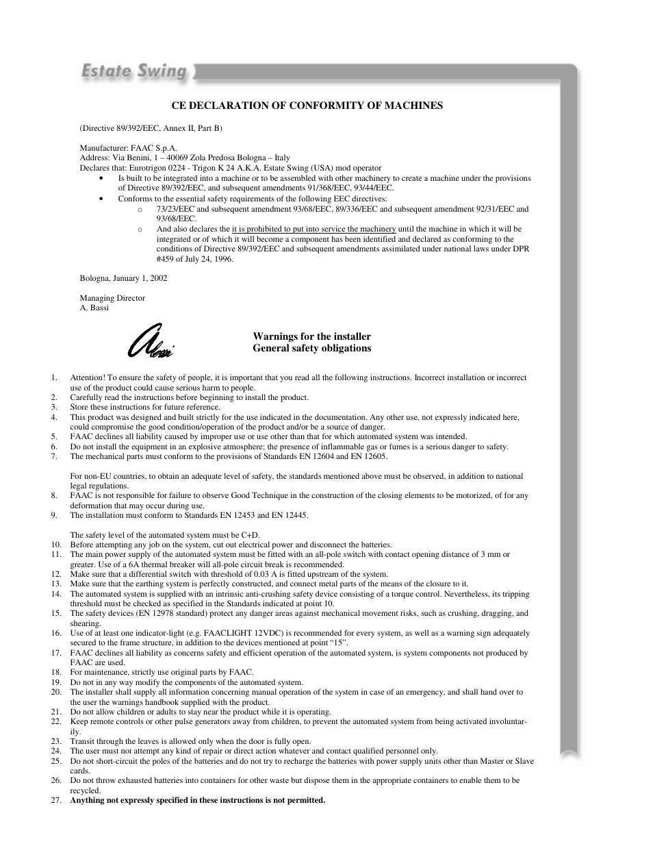 Bassi | Estate Swing E-SC 1600 User Manual | Page 2 / 32