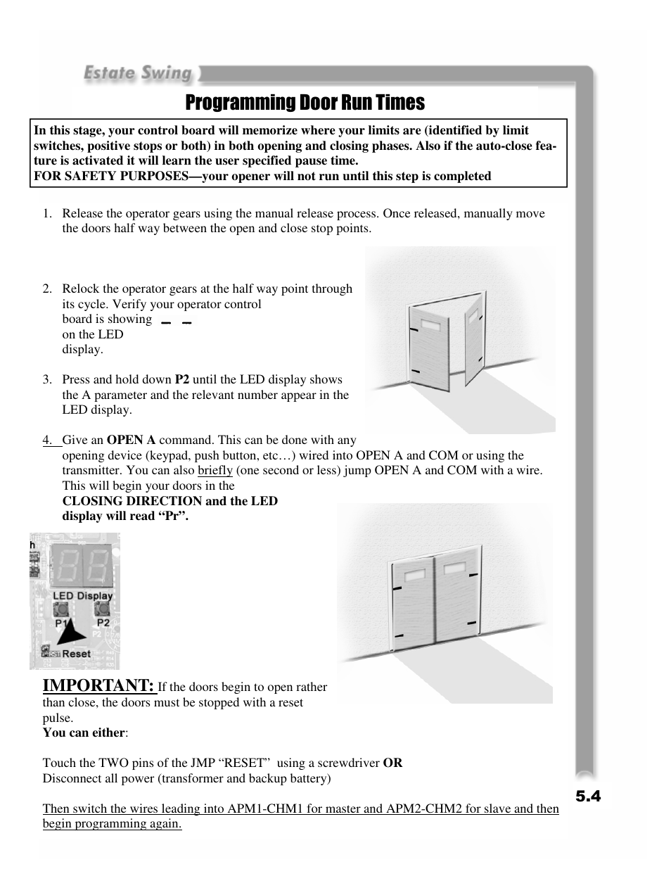 Programming door run times, Important | Estate Swing E-SC 1600 User Manual | Page 24 / 32
