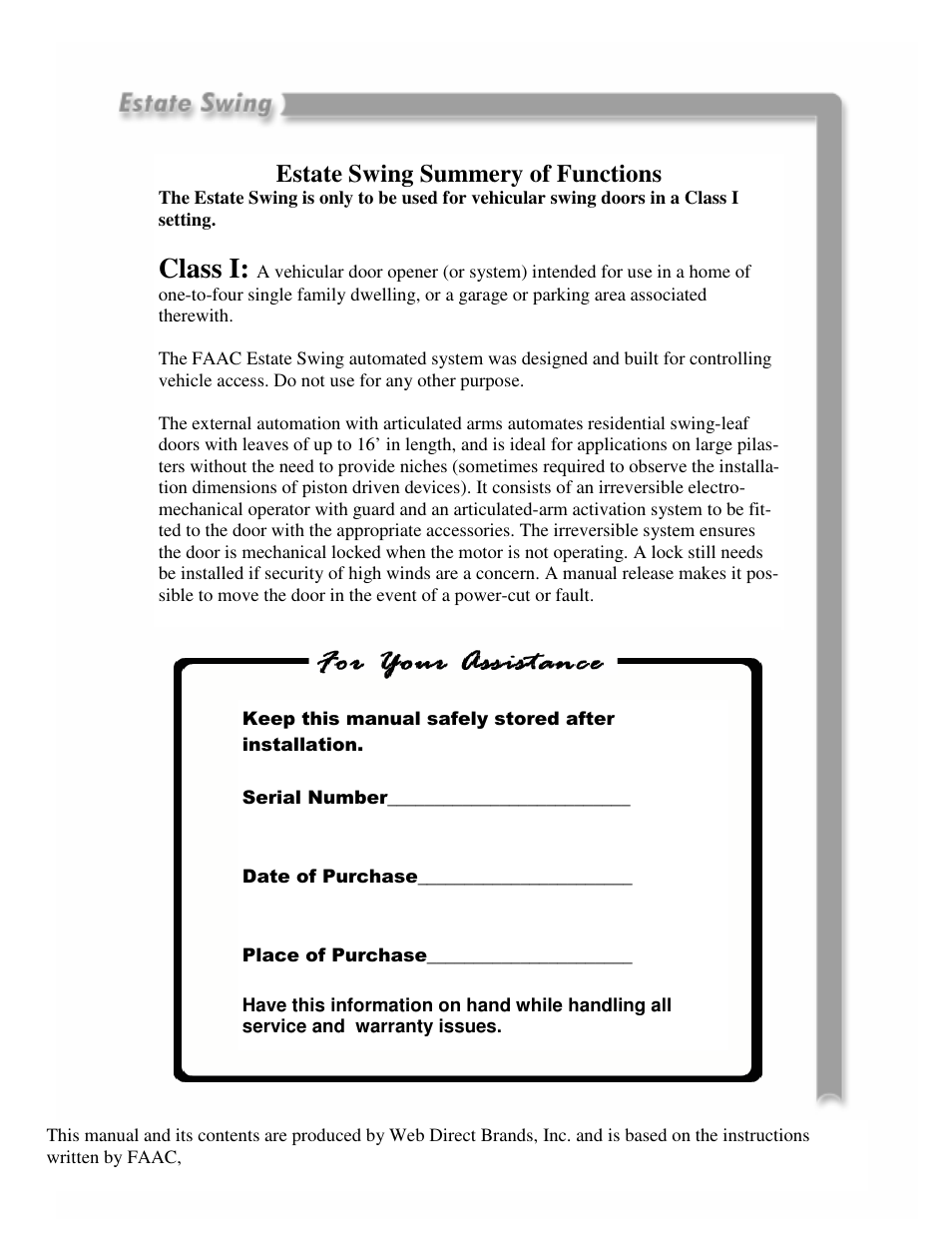 Class i, Estate swing summery of functions | Estate Swing E-SC 1600 User Manual | Page 3 / 32
