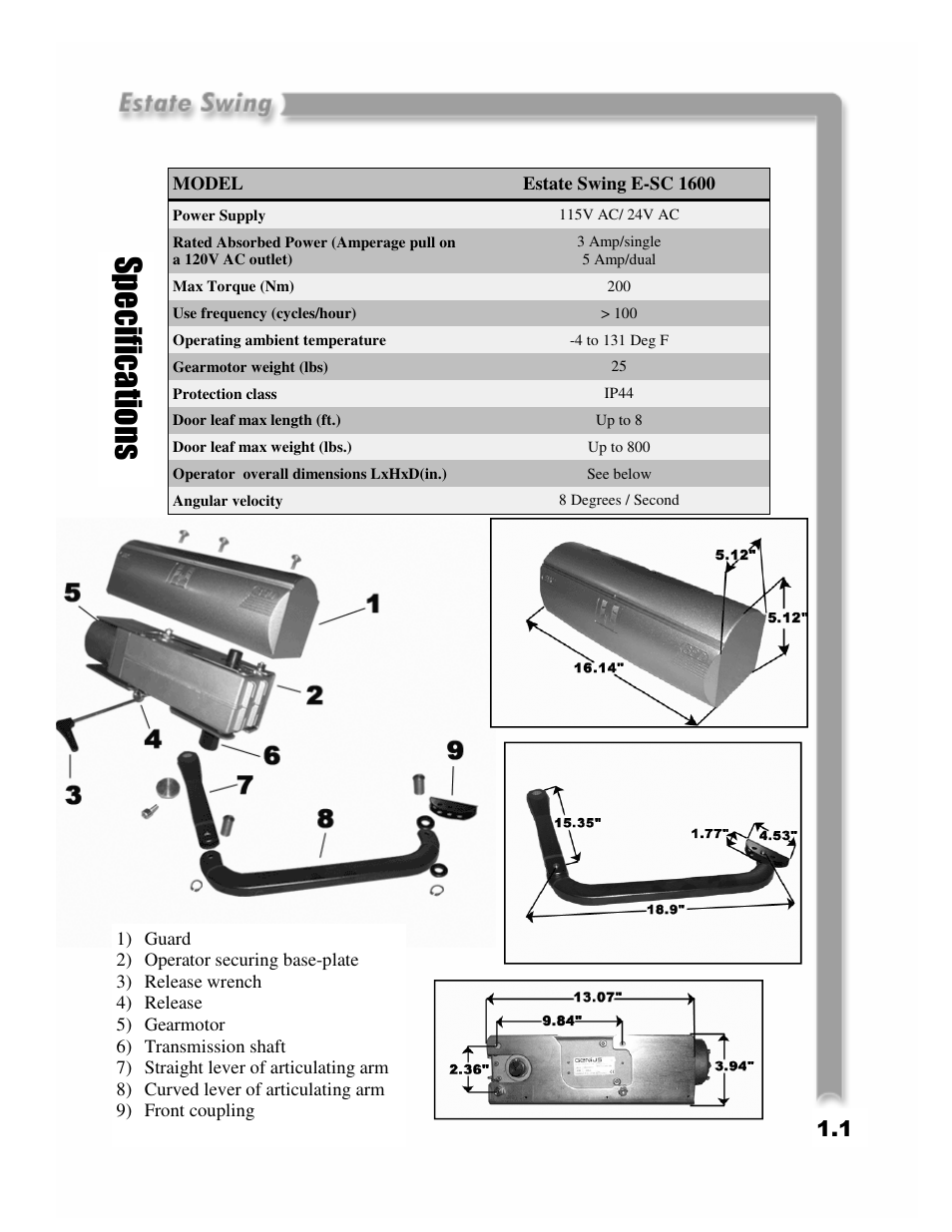 Sp e c ifi c a tio n s | Estate Swing E-SC 1600 User Manual | Page 6 / 32