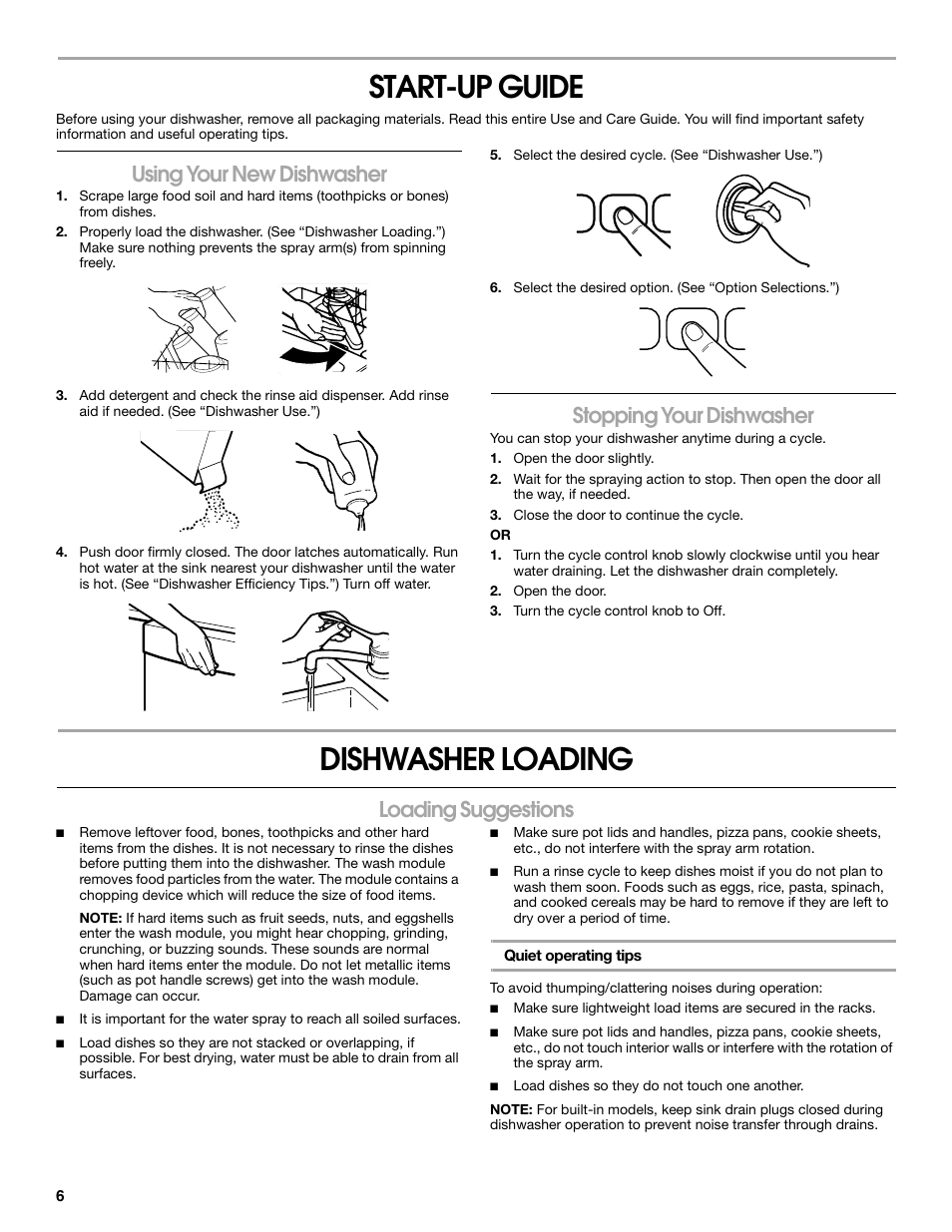 Start-up guide, Dishwasher loading, Using your new dishwasher | Stopping your dishwasher, Loading suggestions | Estate TUD6710P User Manual | Page 6 / 16