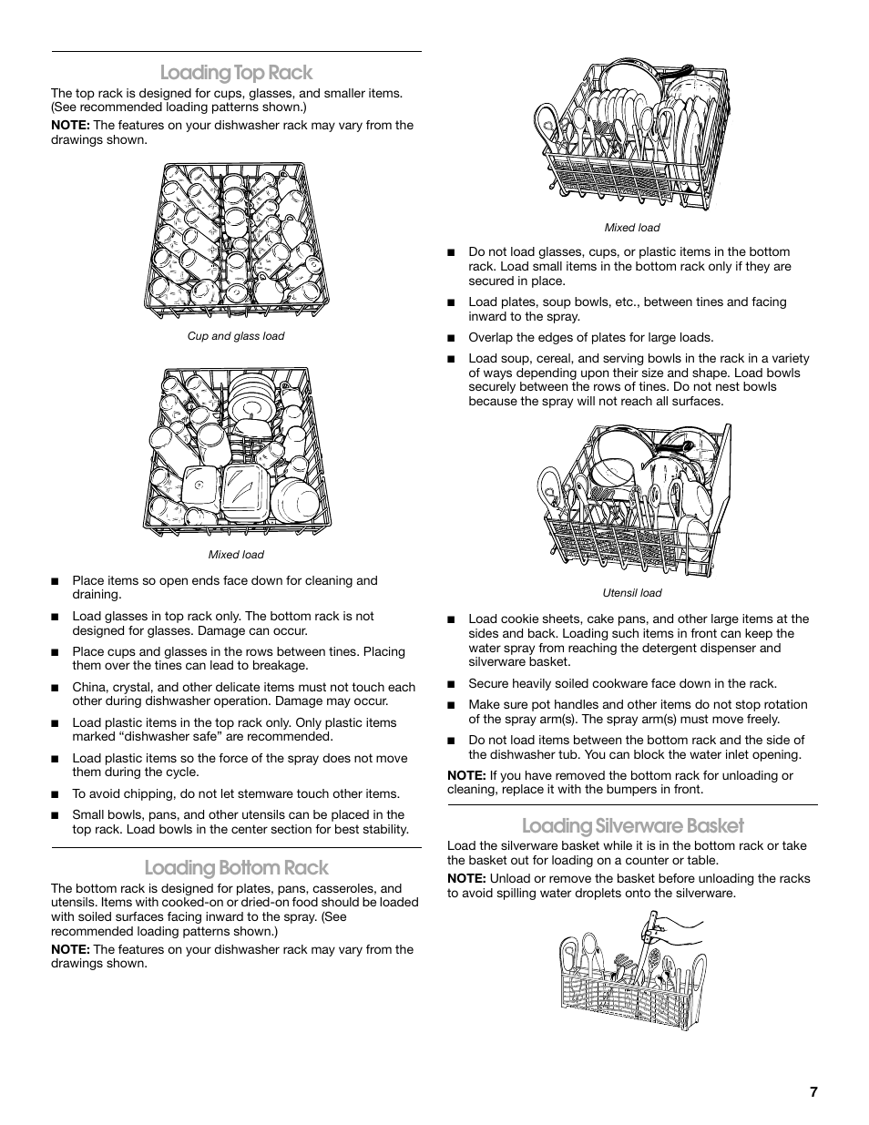 Loading top rack, Loading bottom rack, Loading silverware basket | Estate TUD6710P User Manual | Page 7 / 16