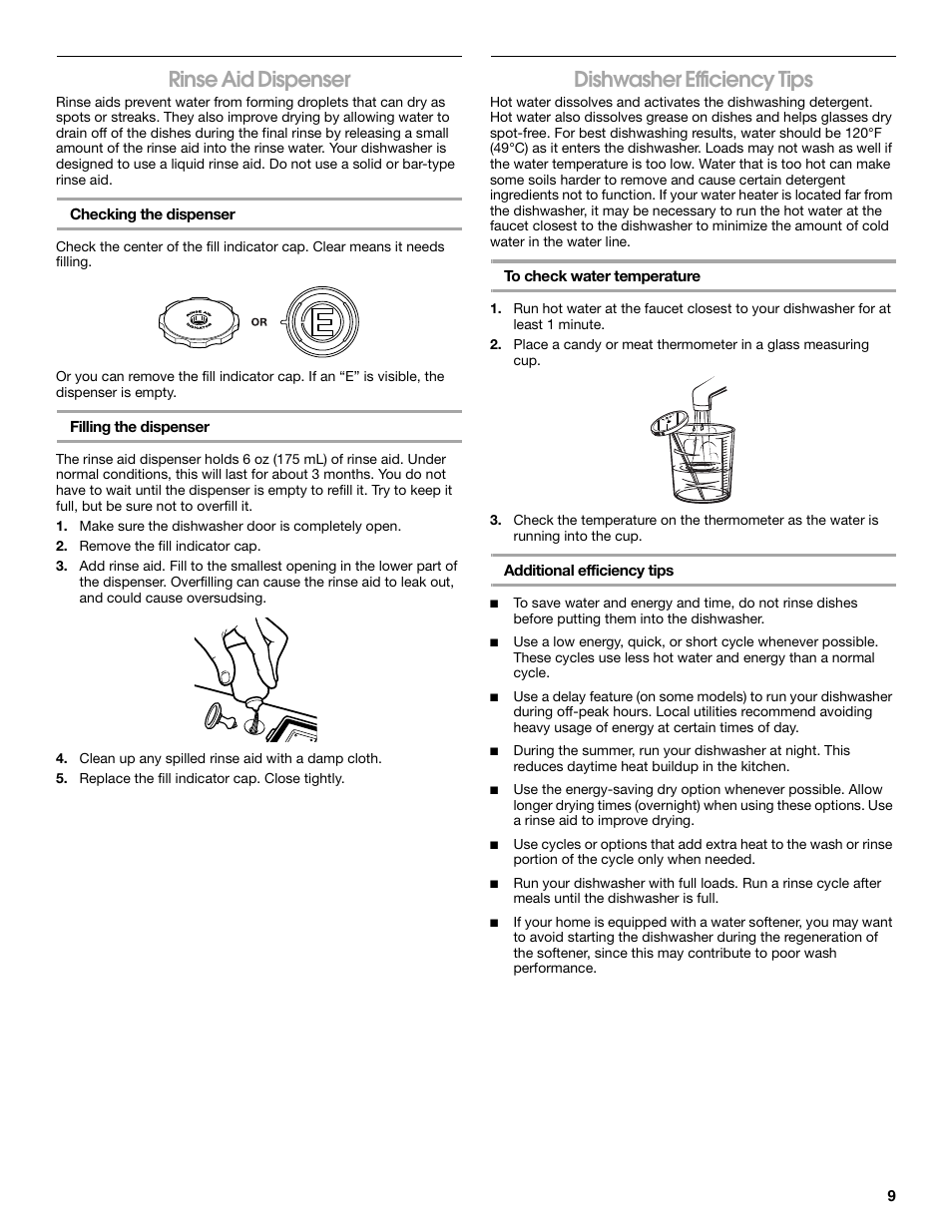 Rinse aid dispenser, Dishwasher efficiency tips | Estate TUD6710P User Manual | Page 9 / 16