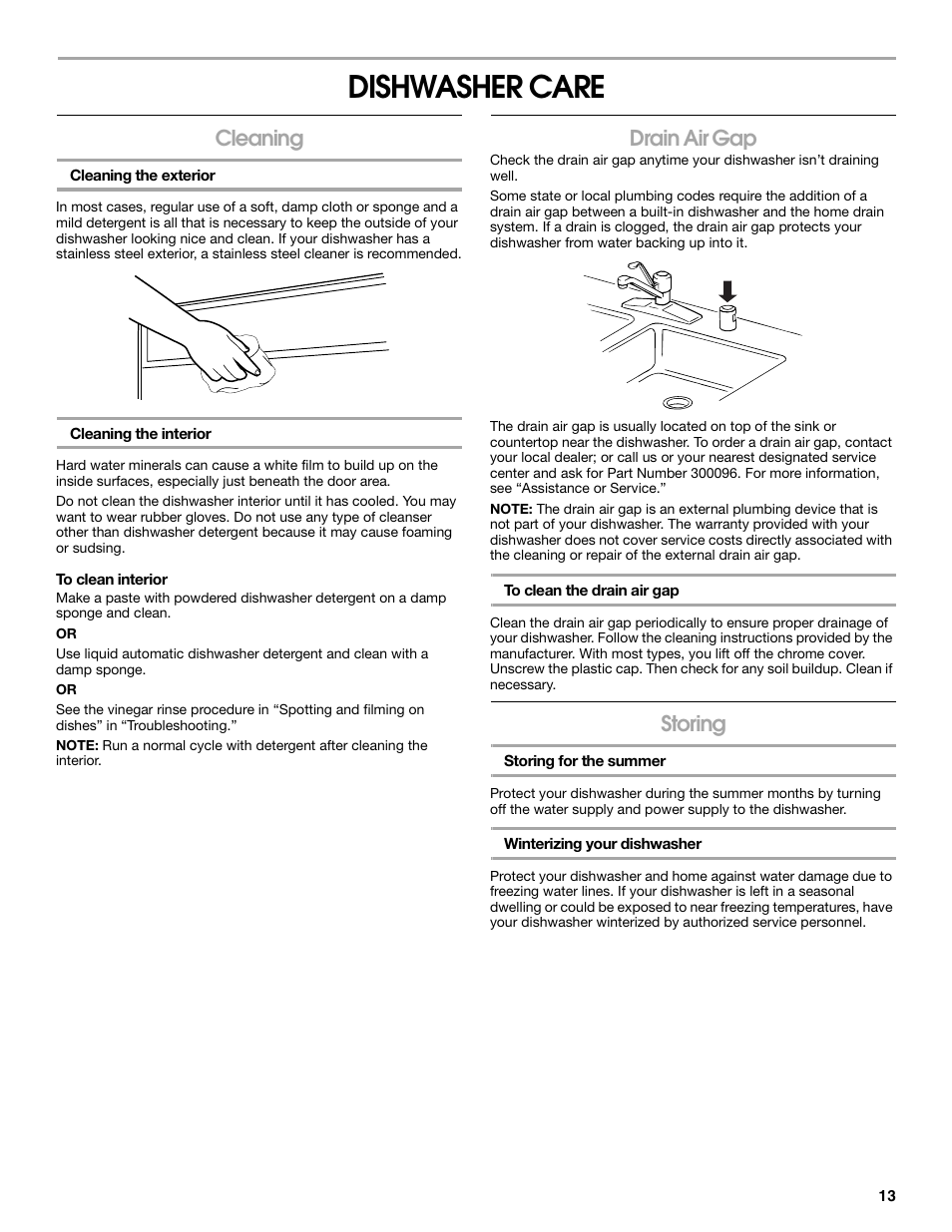 Dishwasher care, Cleaning, Drain air gap | Storing | Estate TUD6750S User Manual | Page 13 / 16