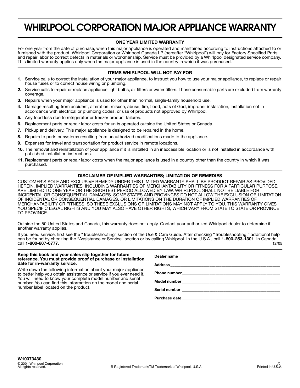Whirlpool corporation major appliance warranty | Estate TUD6750S User Manual | Page 16 / 16