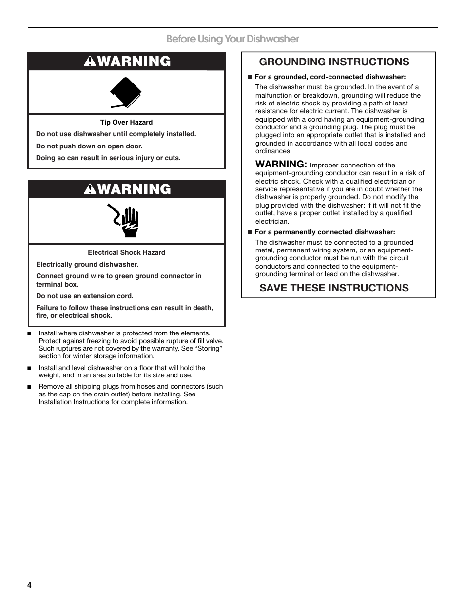 Warning, Before using your dishwasher, Grounding instructions save these instructions | Estate TUD6750S User Manual | Page 4 / 16