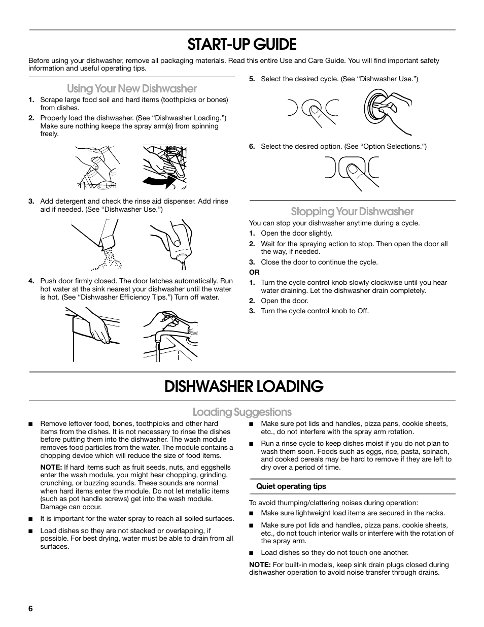 Start-up guide, Dishwasher loading, Using your new dishwasher | Stopping your dishwasher, Loading suggestions | Estate TUD6750S User Manual | Page 6 / 16