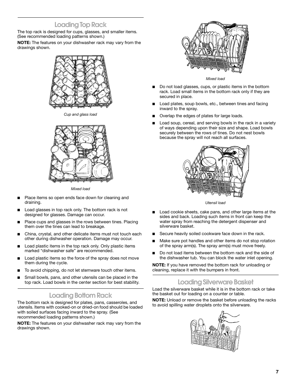 Loading top rack, Loading bottom rack, Loading silverware basket | Estate TUD6750S User Manual | Page 7 / 16