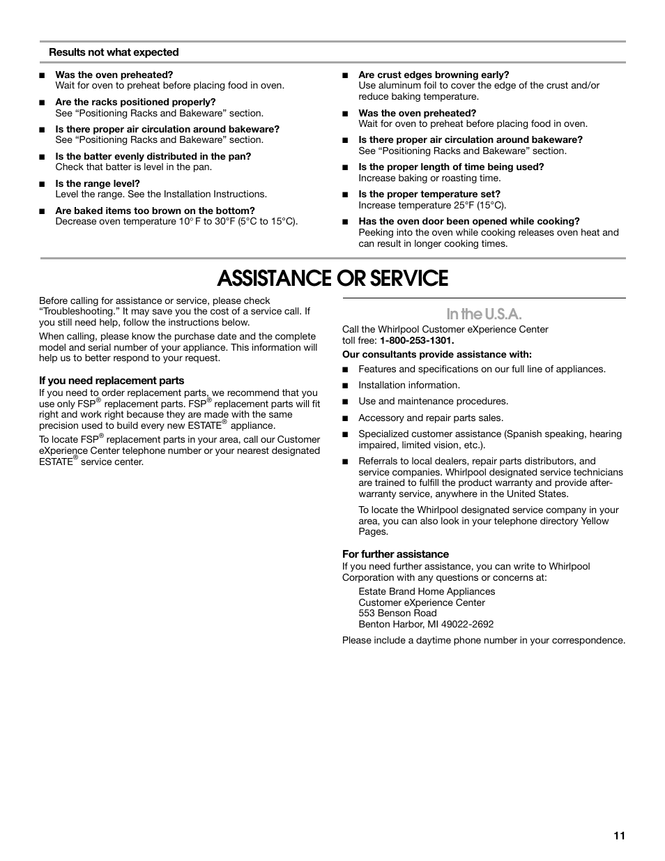 Assistance or service | Estate W10175655B User Manual | Page 11 / 24