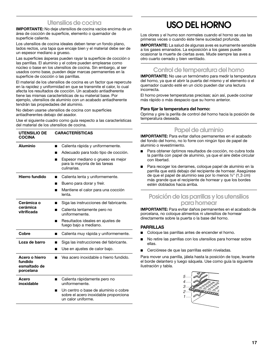 Uso del horno, Utensilios de cocina, Control de temperatura del horno | Papel de aluminio | Estate W10175655B User Manual | Page 17 / 24