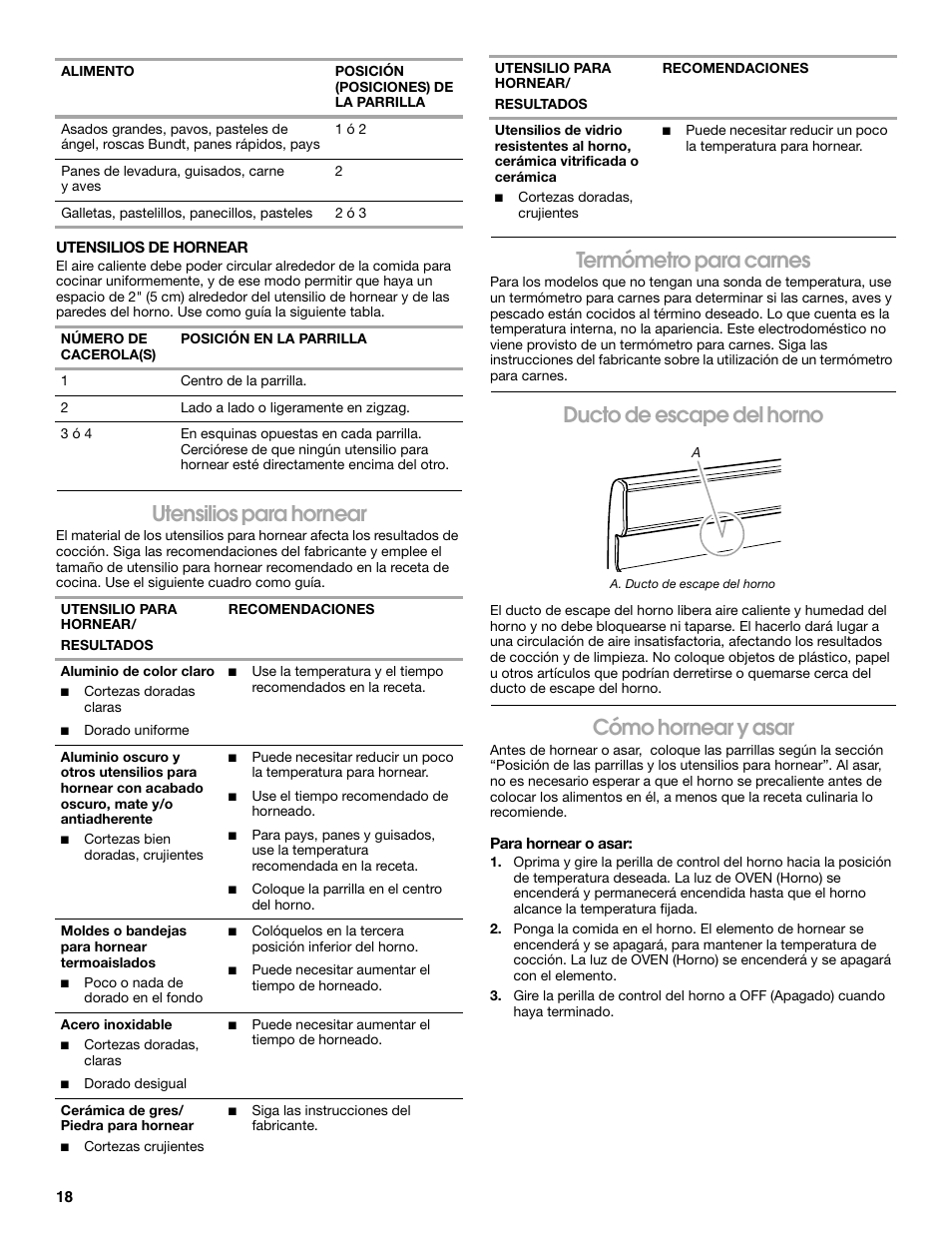 Utensilios para hornear, Termómetro para carnes, Ducto de escape del horno | Cómo hornear y asar | Estate W10175655B User Manual | Page 18 / 24