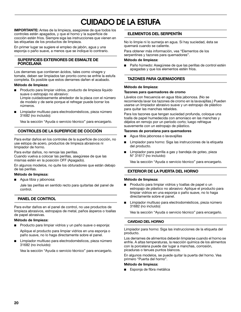 Cuidado de la estufa | Estate W10175655B User Manual | Page 20 / 24