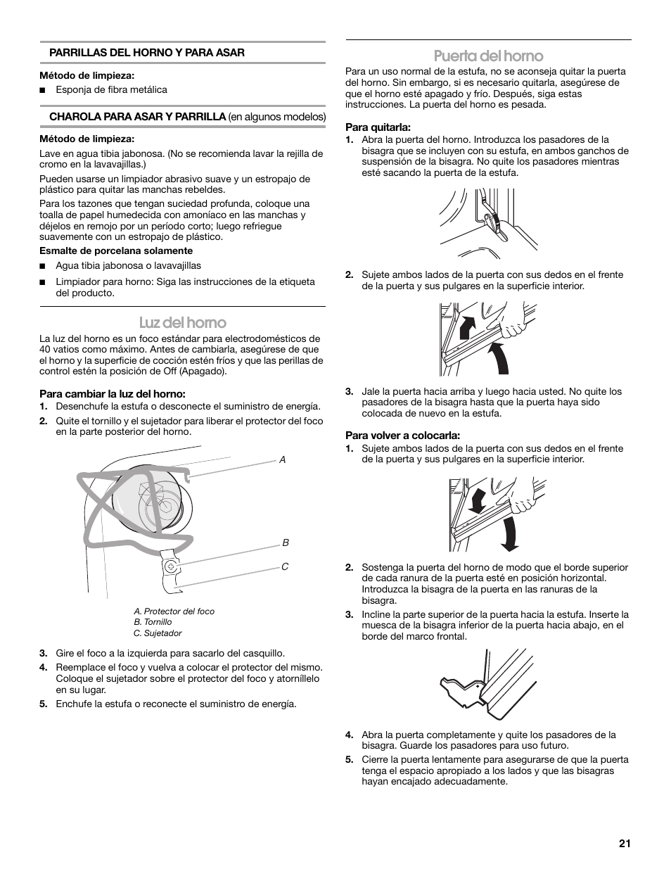 Luz del horno, Puerta del horno | Estate W10175655B User Manual | Page 21 / 24