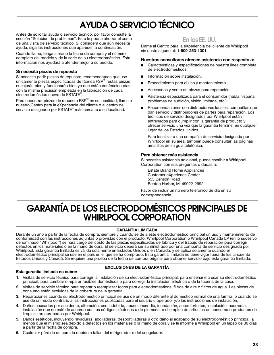 Ayuda o servicio técnico, En los ee. uu | Estate W10175655B User Manual | Page 23 / 24