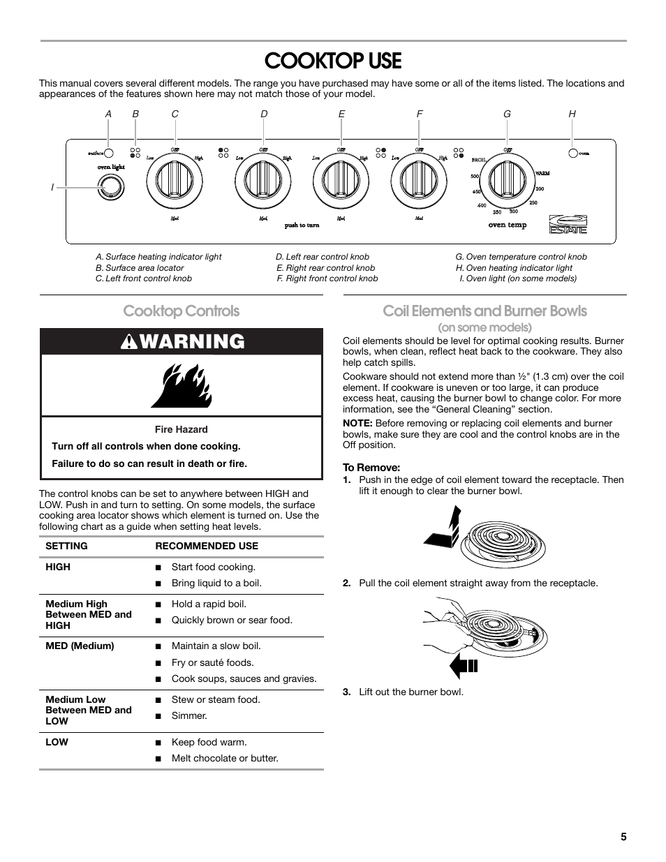 Cooktop use, Warning, Cooktop controls | Coil elements and burner bowls | Estate W10175655B User Manual | Page 5 / 24