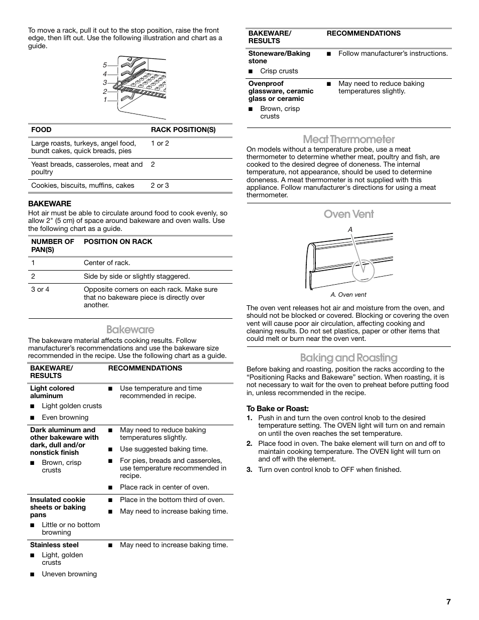 Bakeware, Meat thermometer, Oven vent | Baking and roasting | Estate W10175655B User Manual | Page 7 / 24