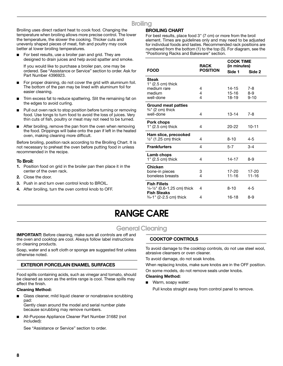 Range care, Broiling, General cleaning | Estate W10175655B User Manual | Page 8 / 24