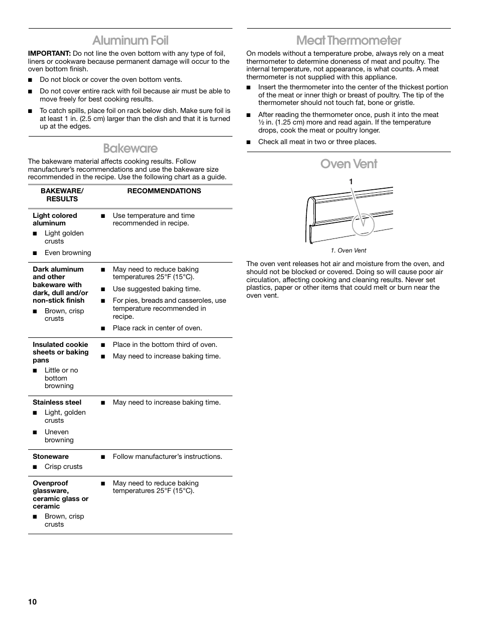 Aluminum foil, Bakeware, Meat thermometer | Oven vent | Estate TGS325 User Manual | Page 10 / 18