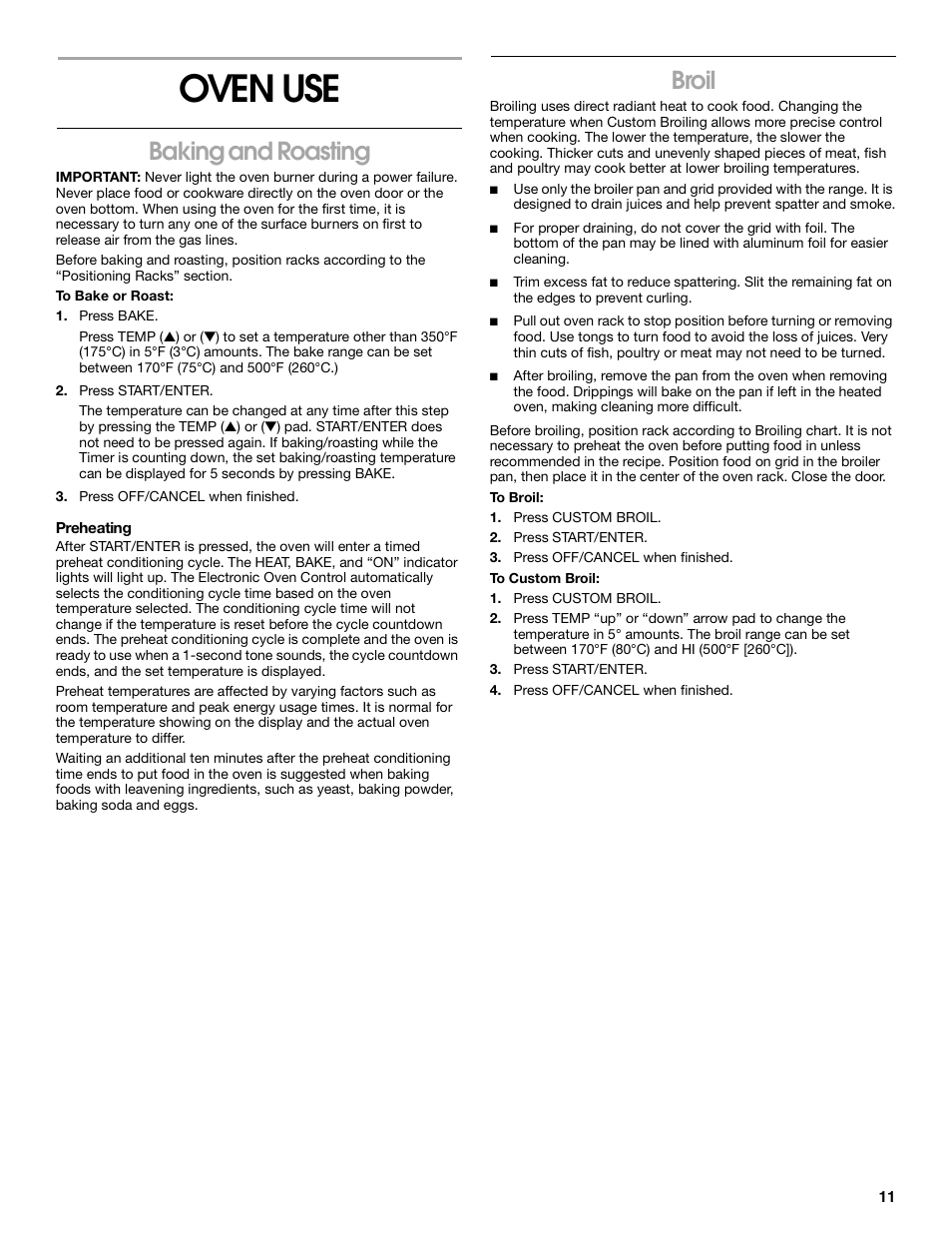 Oven use, Baking and roasting, Broil | Estate TGS325 User Manual | Page 11 / 18