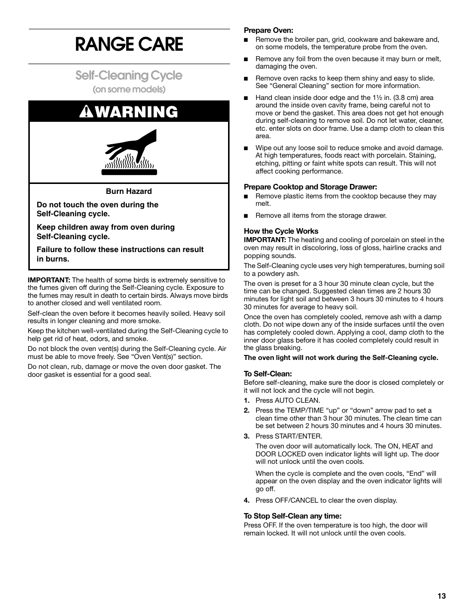 Range care, Warning, Self-cleaning cycle | Estate TGS325 User Manual | Page 13 / 18