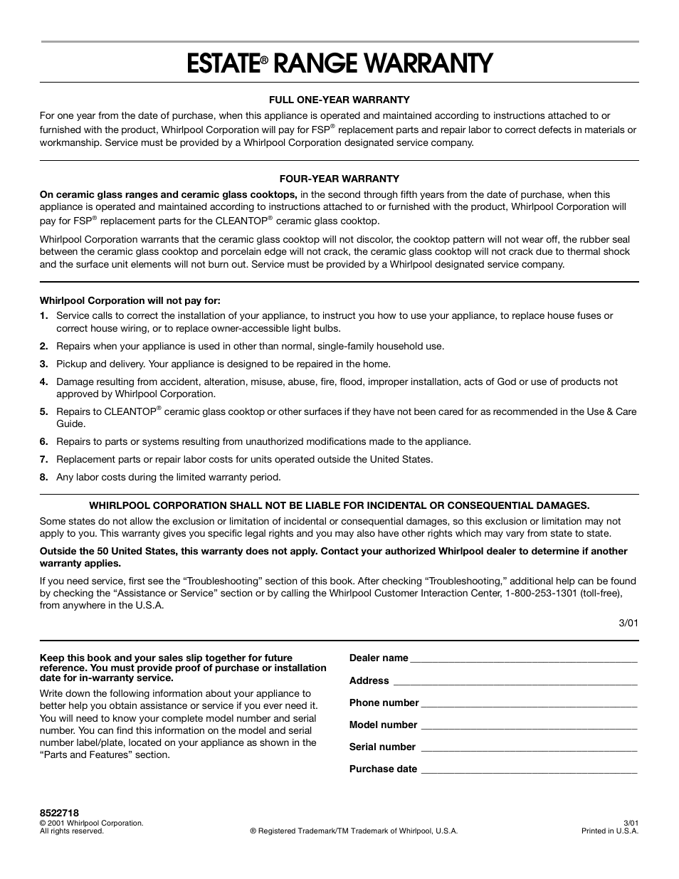 Warranty, Estate, Range warranty | Estate TGS325 User Manual | Page 18 / 18