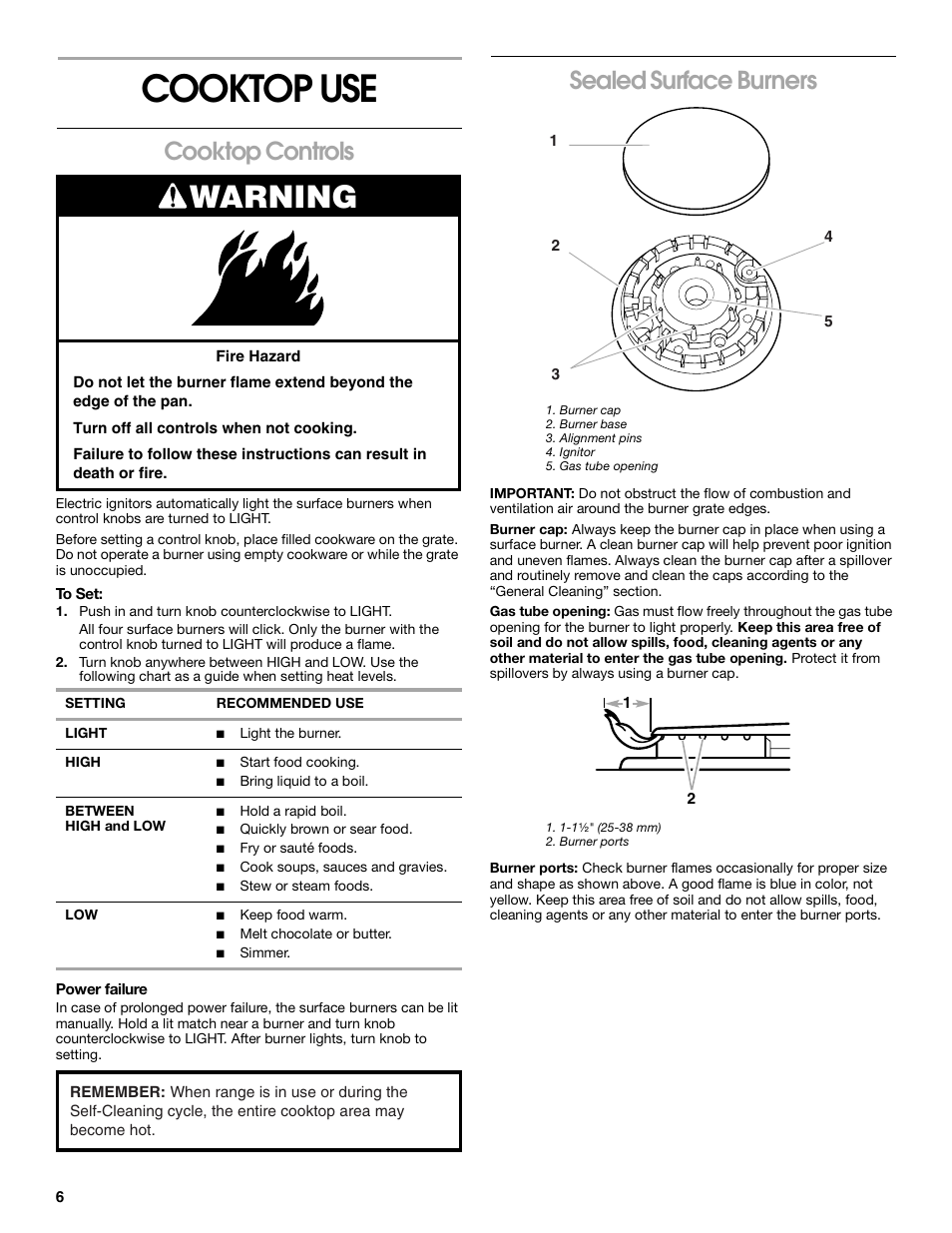 Cooktop use, Warning, Cooktop controls | Sealed surface burners | Estate TGS325 User Manual | Page 6 / 18