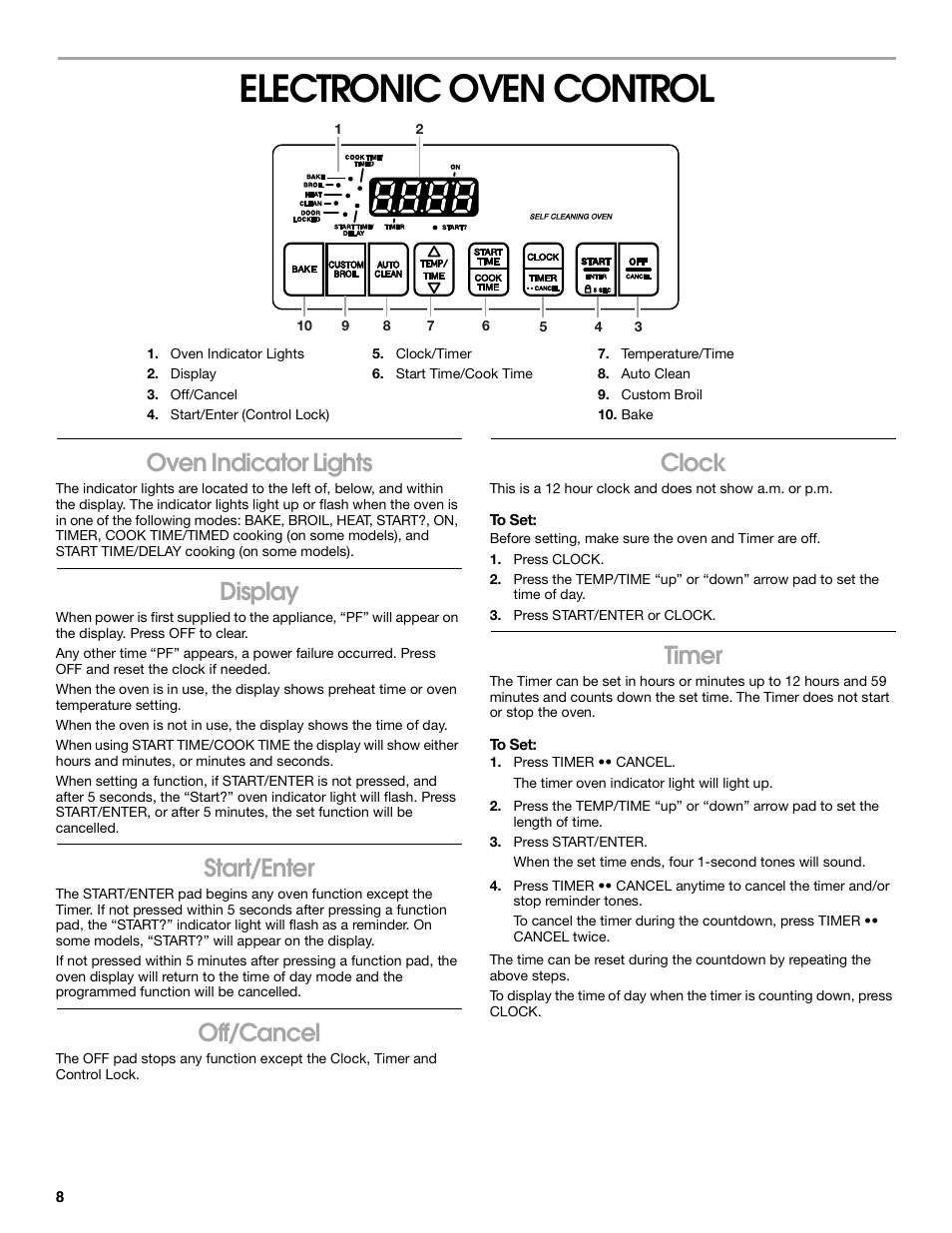 Electronic oven control, Oven indicator lights, Display | Start/enter, Off/cancel, Clock, Timer | Estate TGS325 User Manual | Page 8 / 18