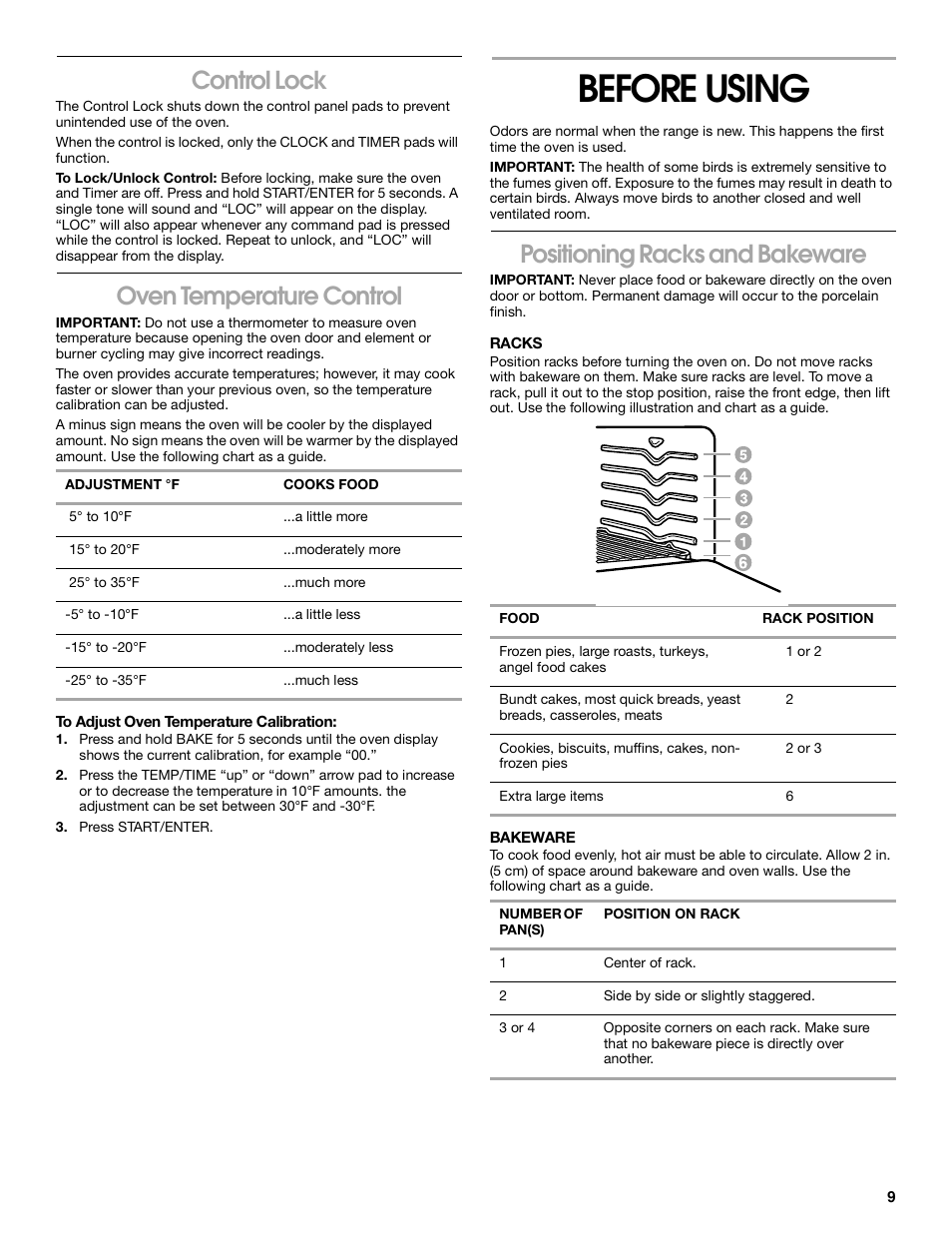 Before using, Control lock, Oven temperature control | Positioning racks and bakeware | Estate TGS325 User Manual | Page 9 / 18