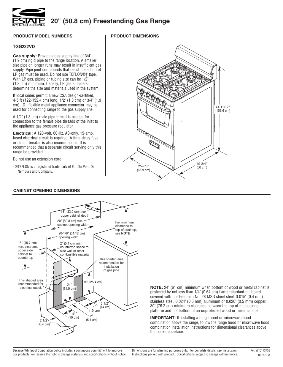 Estate TGG222VD User Manual | 1 page