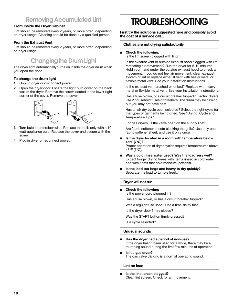 Troubleshooting, Removing accumulated lint, Changing the drum light | Estate 8318478A User Manual | Page 10 / 12