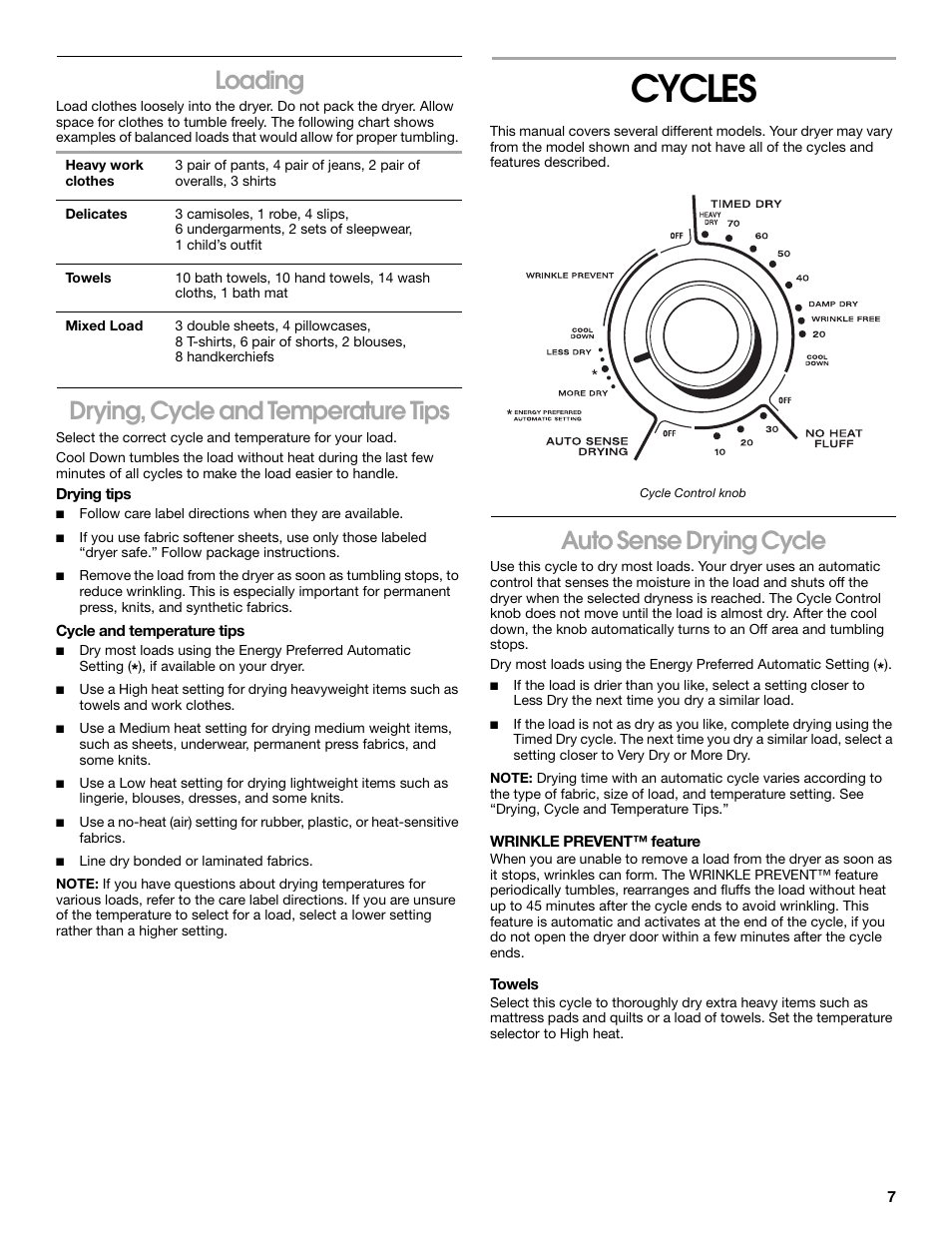 Cycles, Loading, Drying, cycle and temperature tips | Auto sense drying cycle | Estate 8318478A User Manual | Page 7 / 12