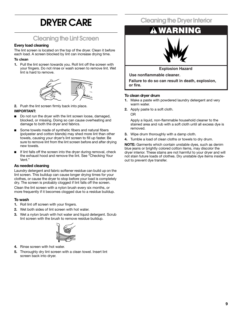 Dryer care, Cleaning the lint screen, Cleaning the dryer interior | Estate 8318478A User Manual | Page 9 / 12