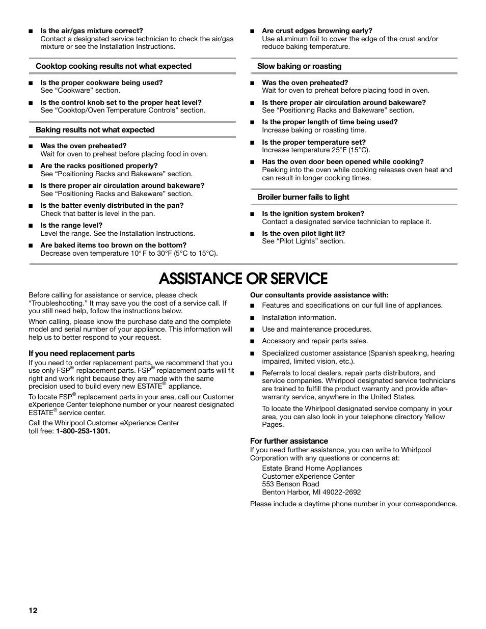 Assistance or service | Estate W10173325A User Manual | Page 12 / 28