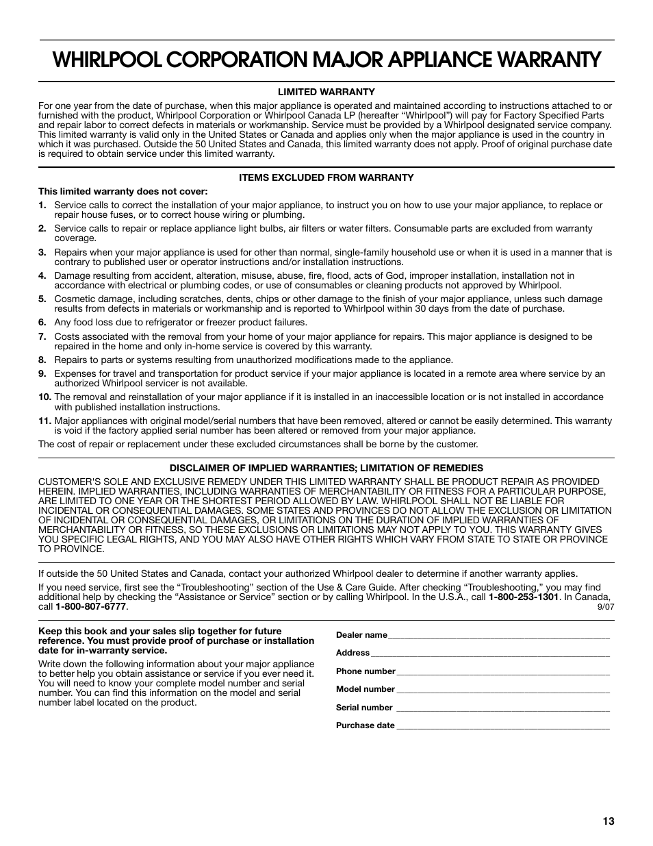 Whirlpool corporation major appliance warranty | Estate W10173325A User Manual | Page 13 / 28