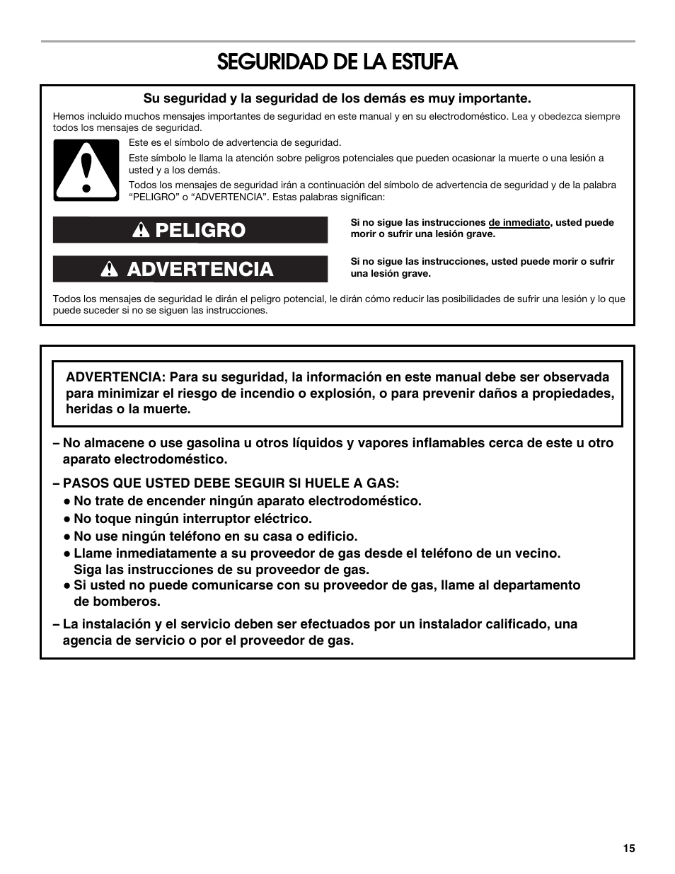 Seguridad de la estufa, Advertencia peligro | Estate W10173325A User Manual | Page 15 / 28