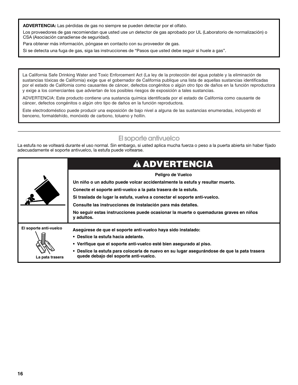 Advertencia, El soporte antivuelco | Estate W10173325A User Manual | Page 16 / 28