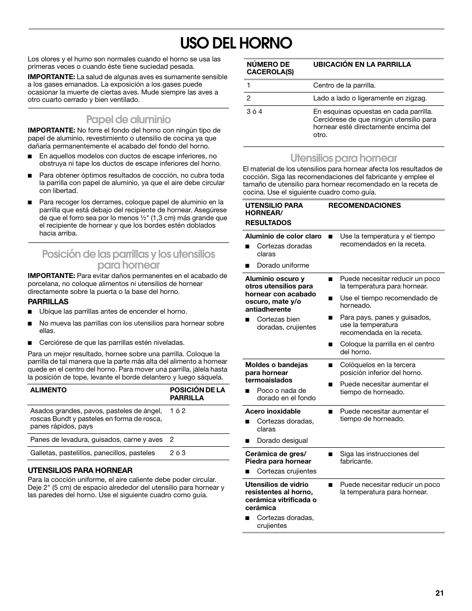 Uso del horno, Papel de aluminio, Utensilios para hornear | Estate W10173325A User Manual | Page 21 / 28