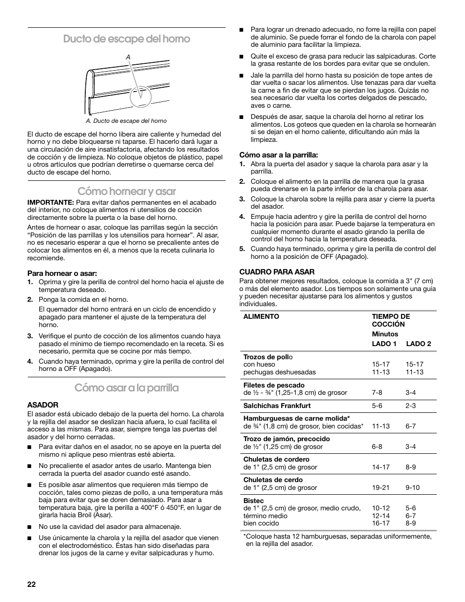 Ducto de escape del horno, Cómo hornear y asar, Cómo asar a la parrilla | Estate W10173325A User Manual | Page 22 / 28