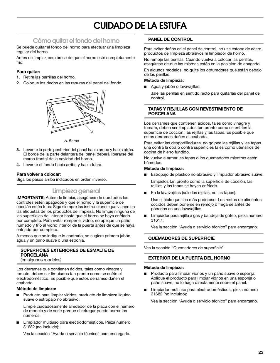 Cuidado de la estufa, Cómo quitar el fondo del horno, Limpieza general | Estate W10173325A User Manual | Page 23 / 28