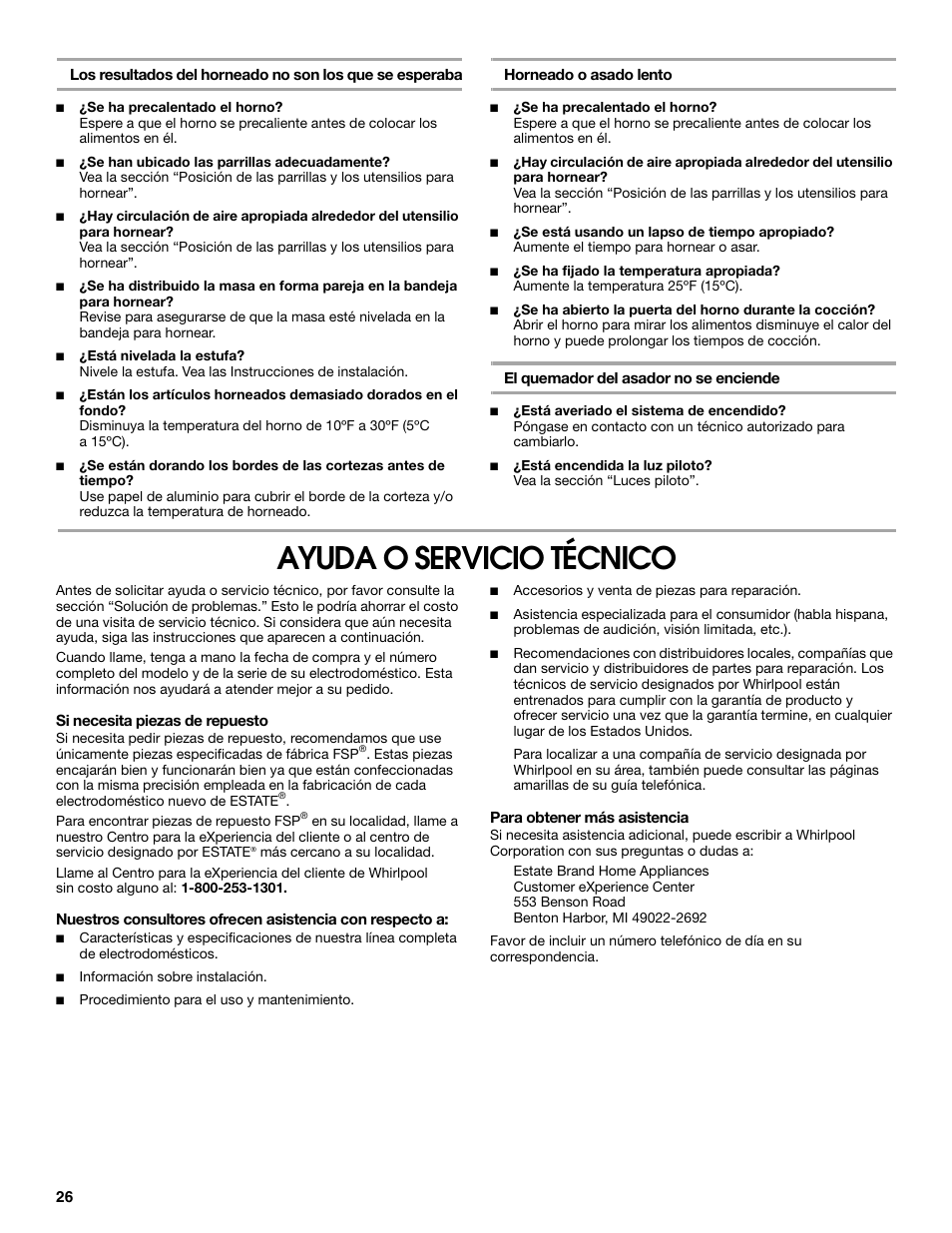 Ayuda o servicio técnico | Estate W10173325A User Manual | Page 26 / 28