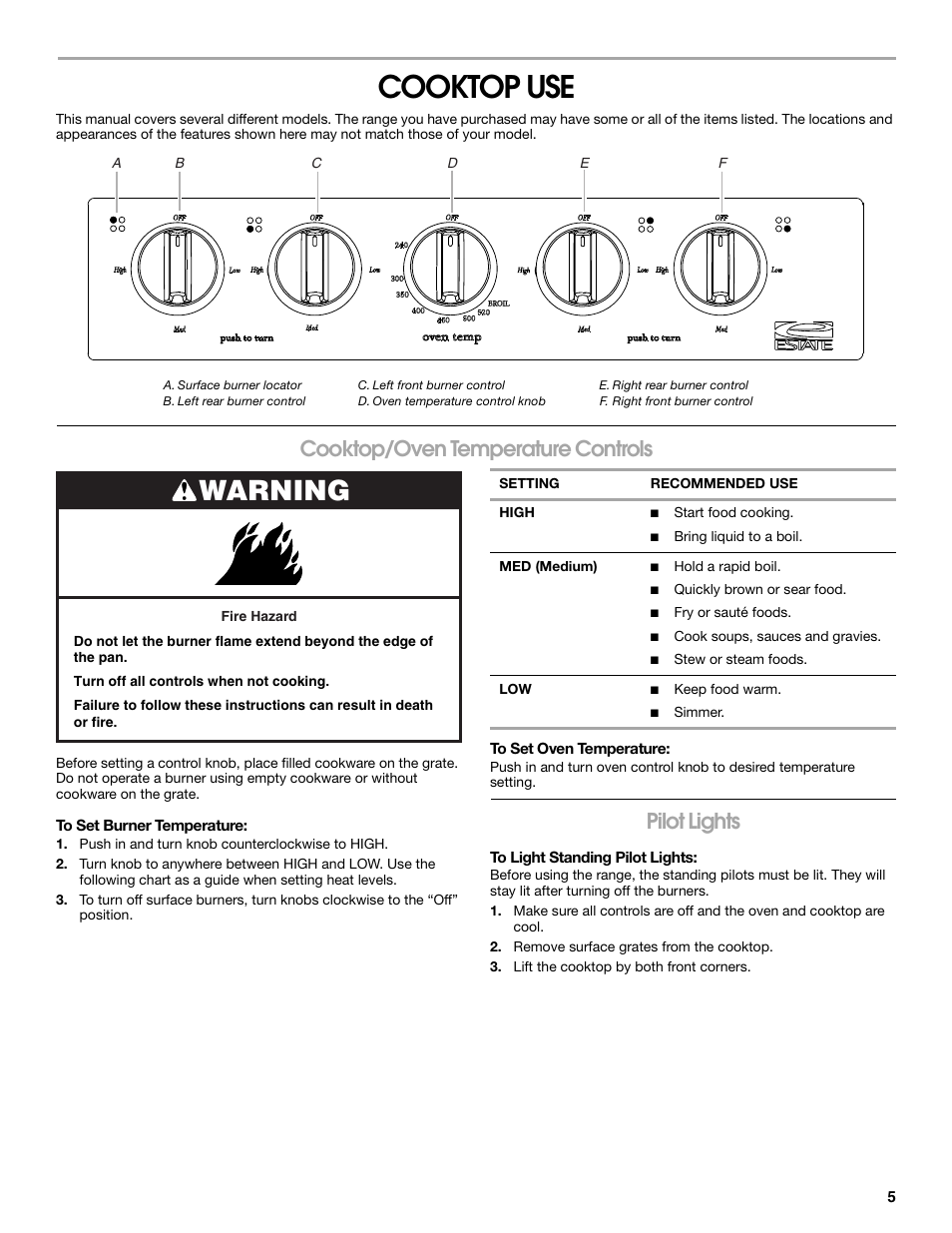 Cooktop use, Warning, Cooktop/oven temperature controls | Pilot lights | Estate W10173325A User Manual | Page 5 / 28