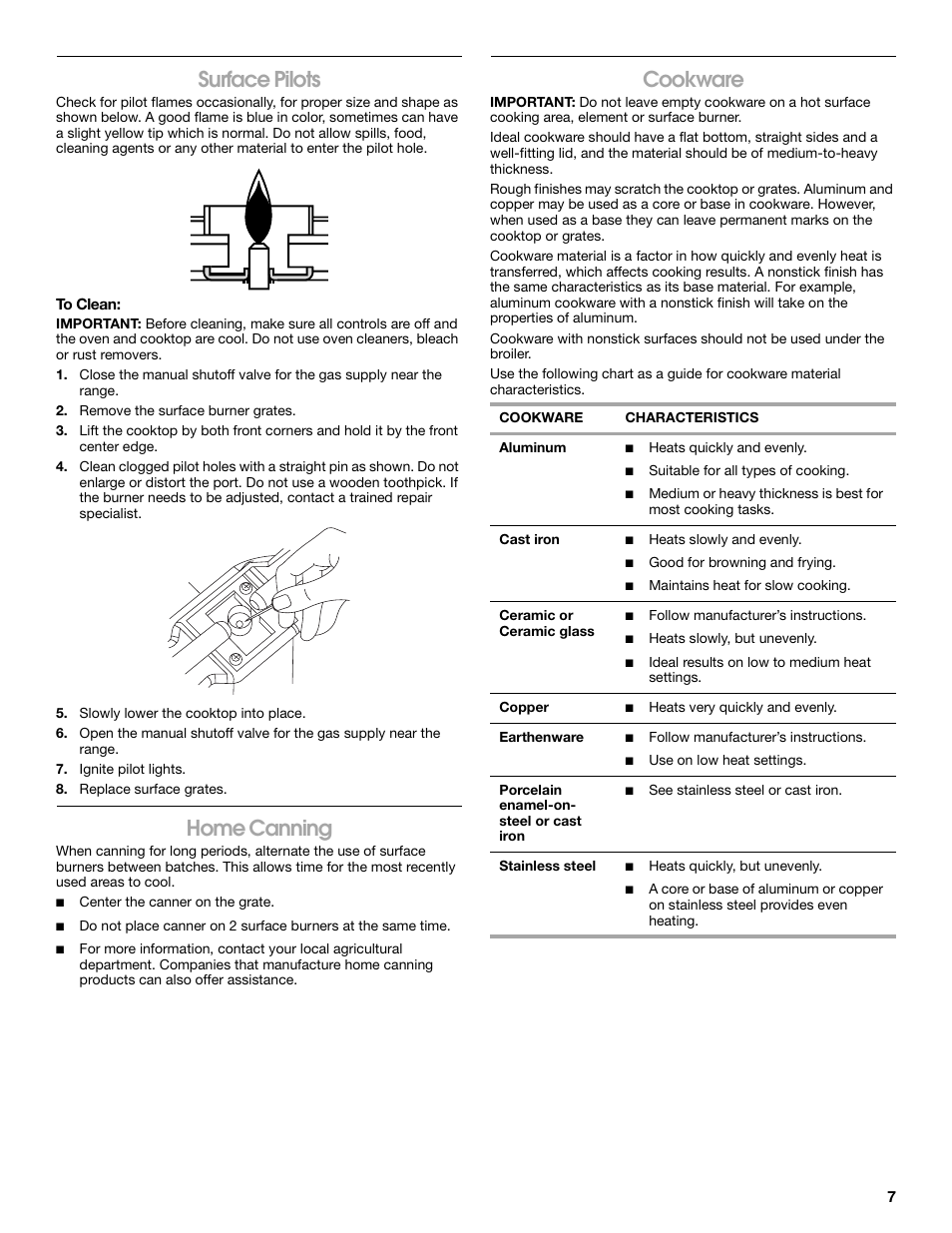 Surface pilots, Home canning, Cookware | Estate W10173325A User Manual | Page 7 / 28