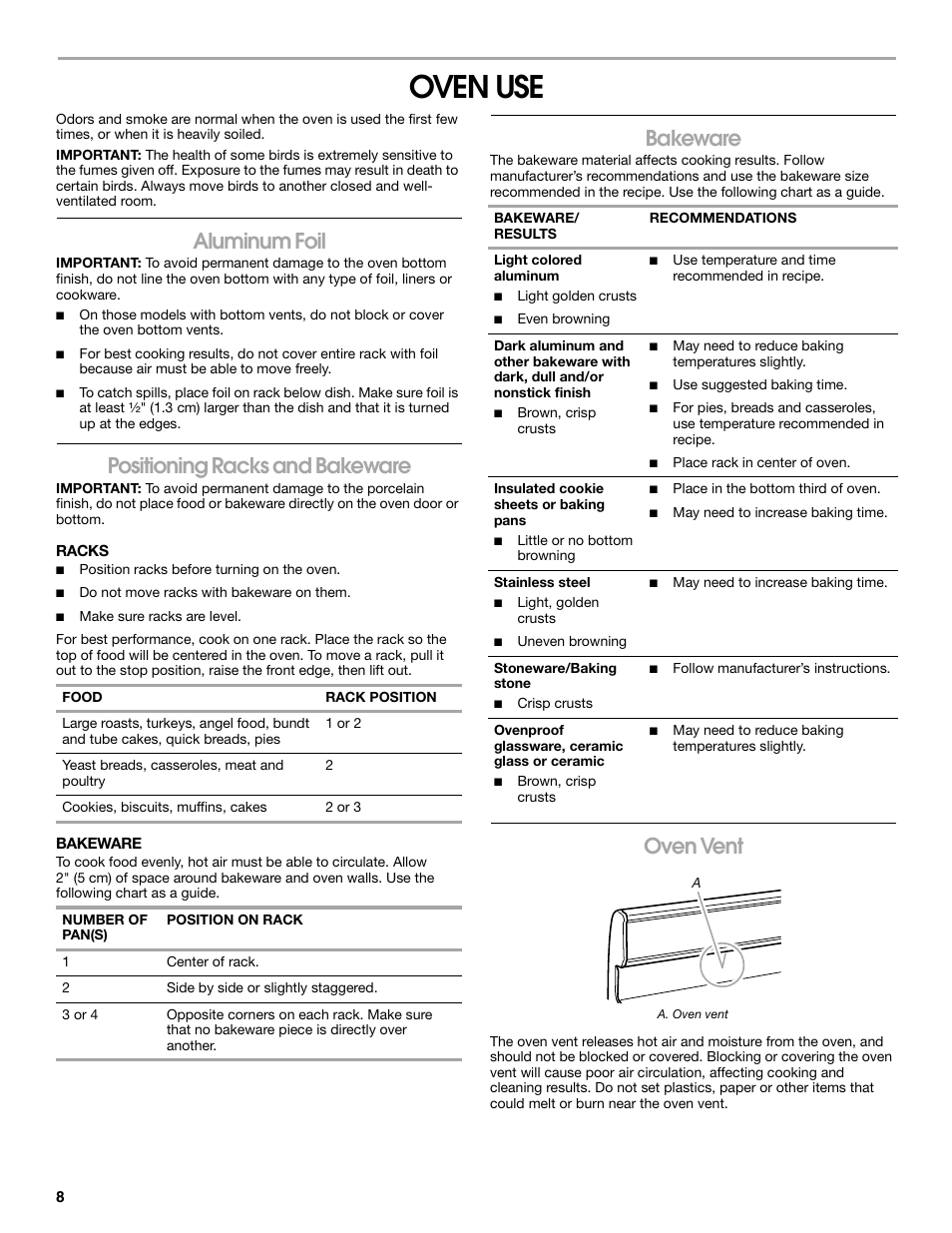 Oven use, Aluminum foil, Positioning racks and bakeware | Bakeware, Oven vent | Estate W10173325A User Manual | Page 8 / 28